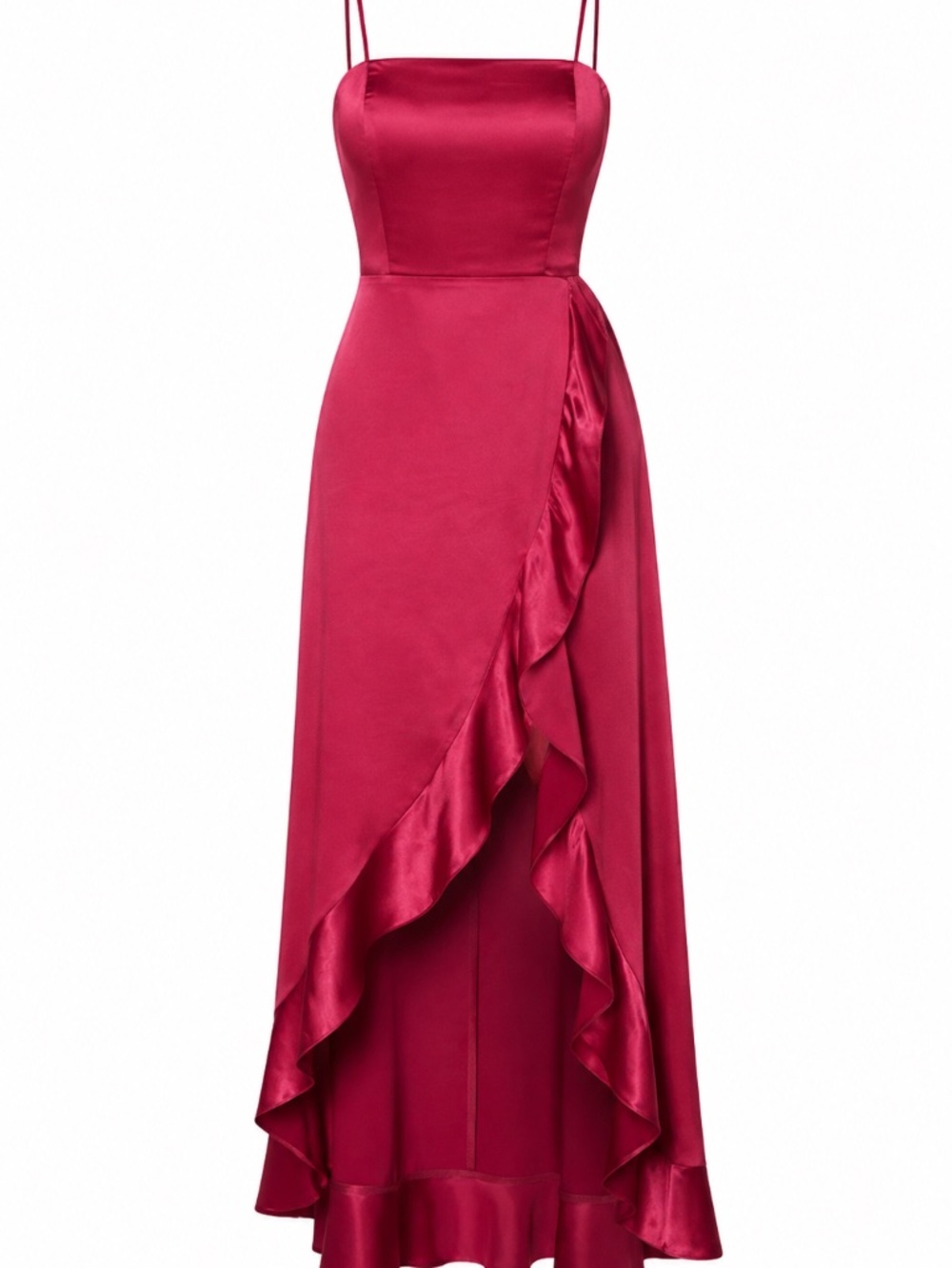 Bebe NWT Fuchsia Berry Satin Ruffle Maxi Dress Lace Up Back